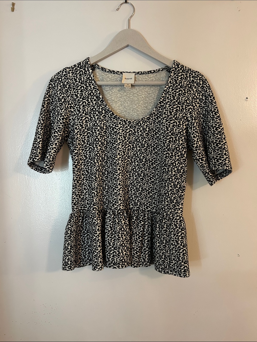 Maeve Black & White Leopard-Print Peplum Top